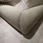 Warm Taupe Upholstered Bed with Tiered Headboard, Lacing Detail & Stainless Steel Accents